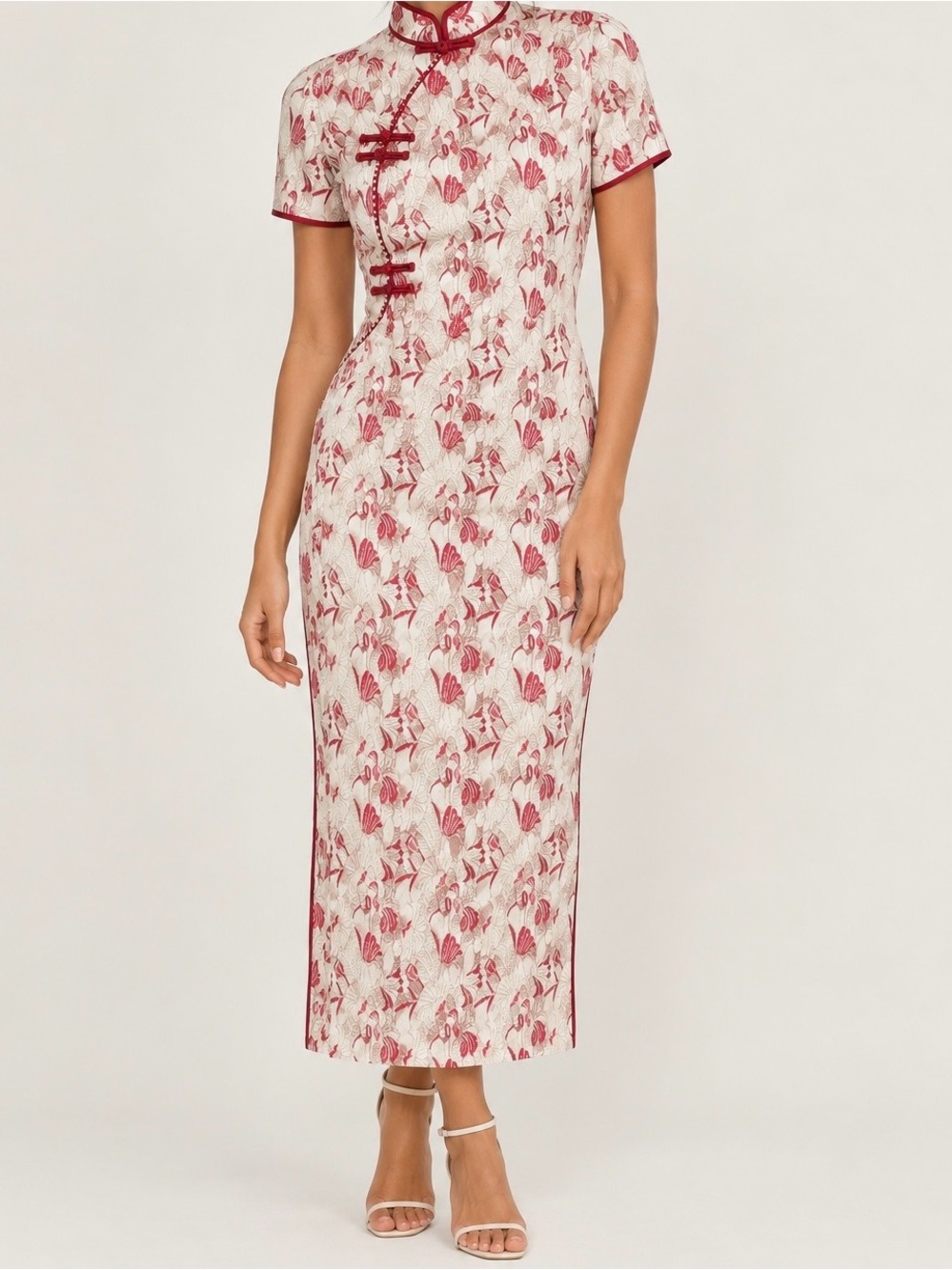 Red Floral Mandarin-Collar Maxi Dress in Cream